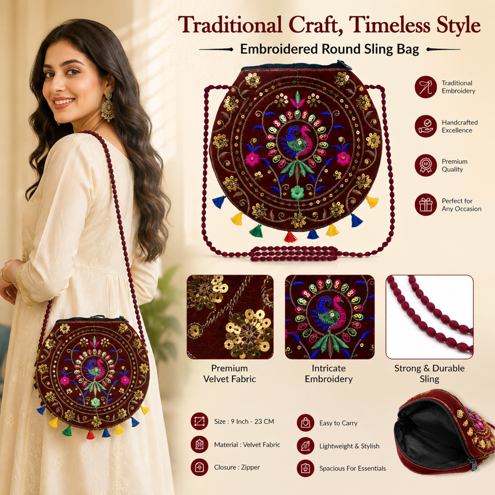 Maroon Ethnic Sling Bag With Tassels