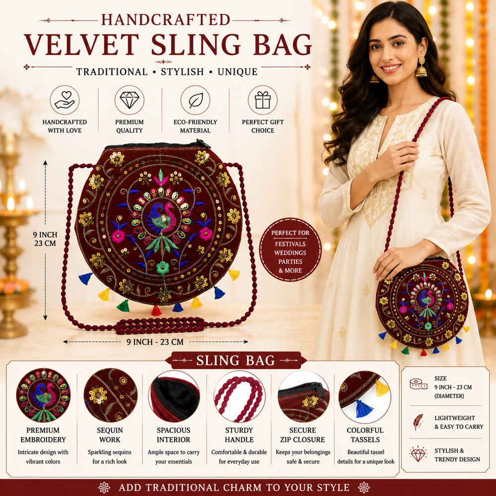 Maroon Ethnic Sling Bag with Tassels