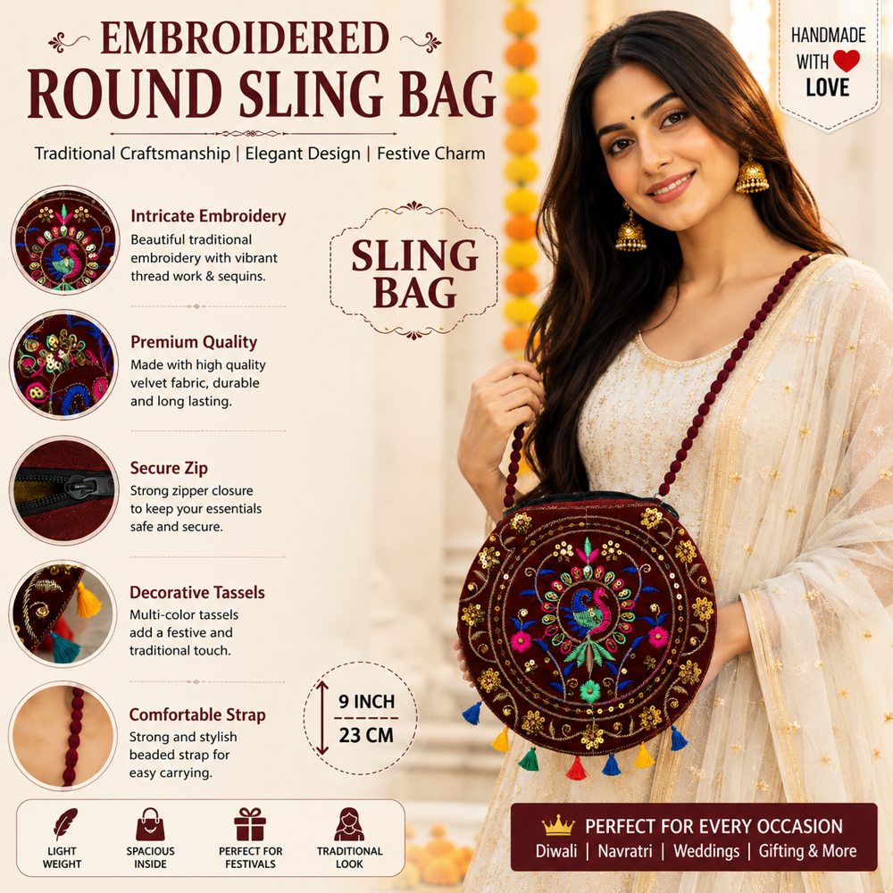 Designer Round Sling Purse For Ladies - Color: Maroon
