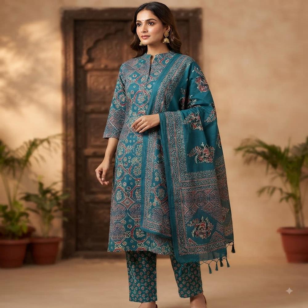 Printed Cotton Kurta Pant Dupatta Set