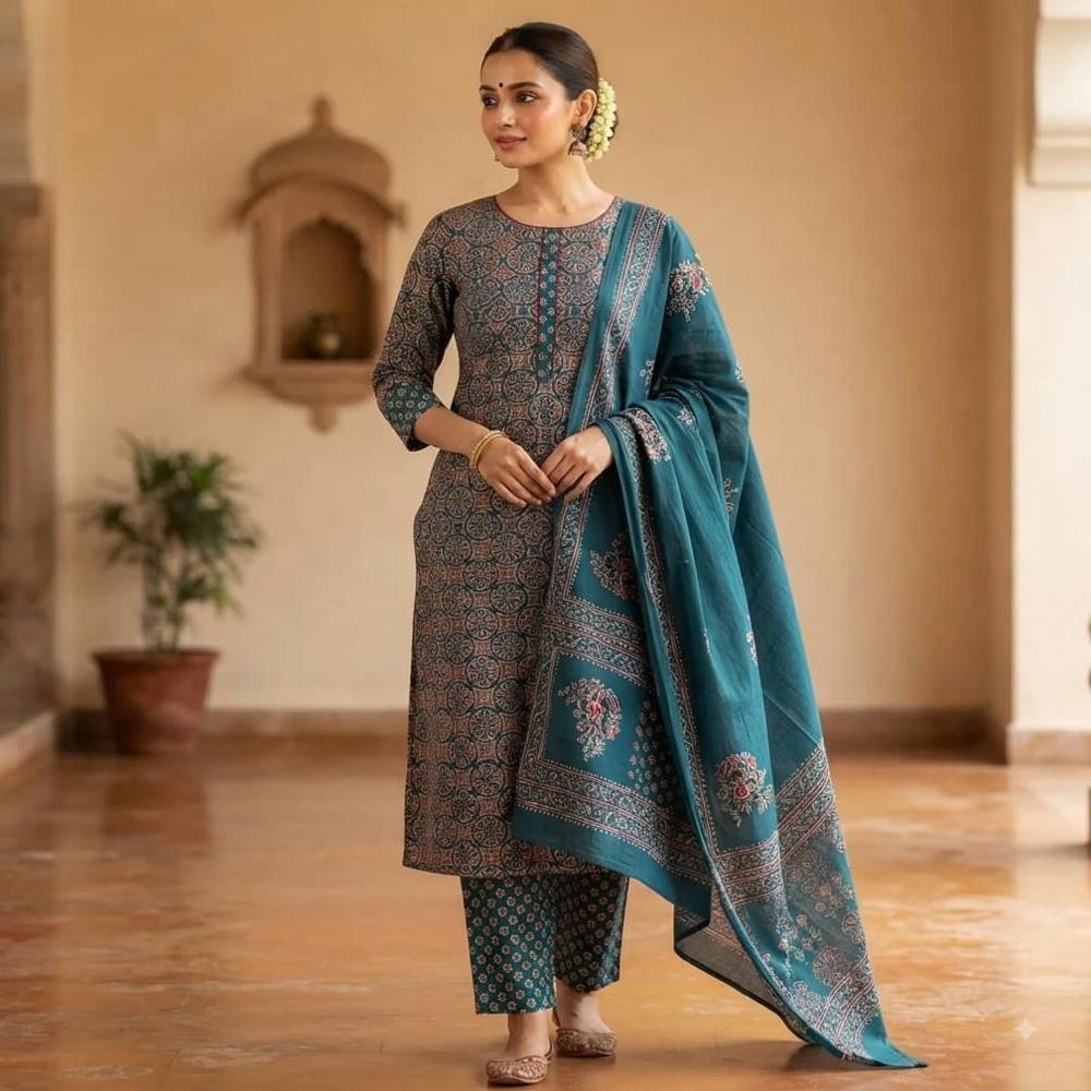Printed Cotton Kurta Pant Dupatta Set