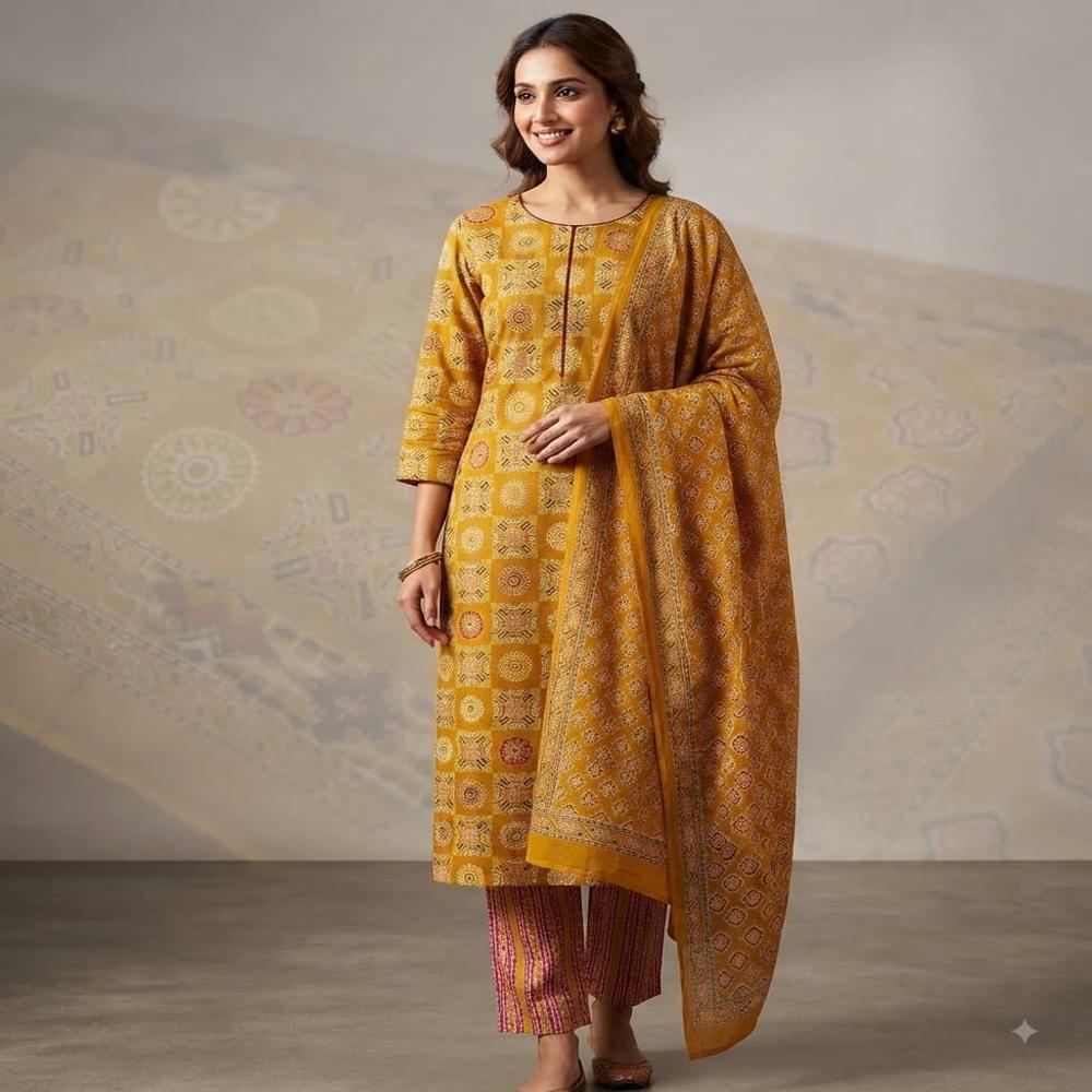 Printed Cotton Kurta Pant Dupatta Set