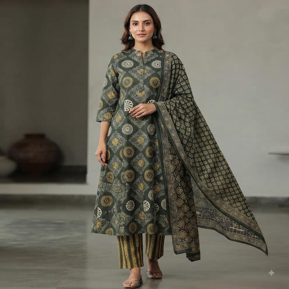 Printed Cotton Kurta Pant Dupatta Set