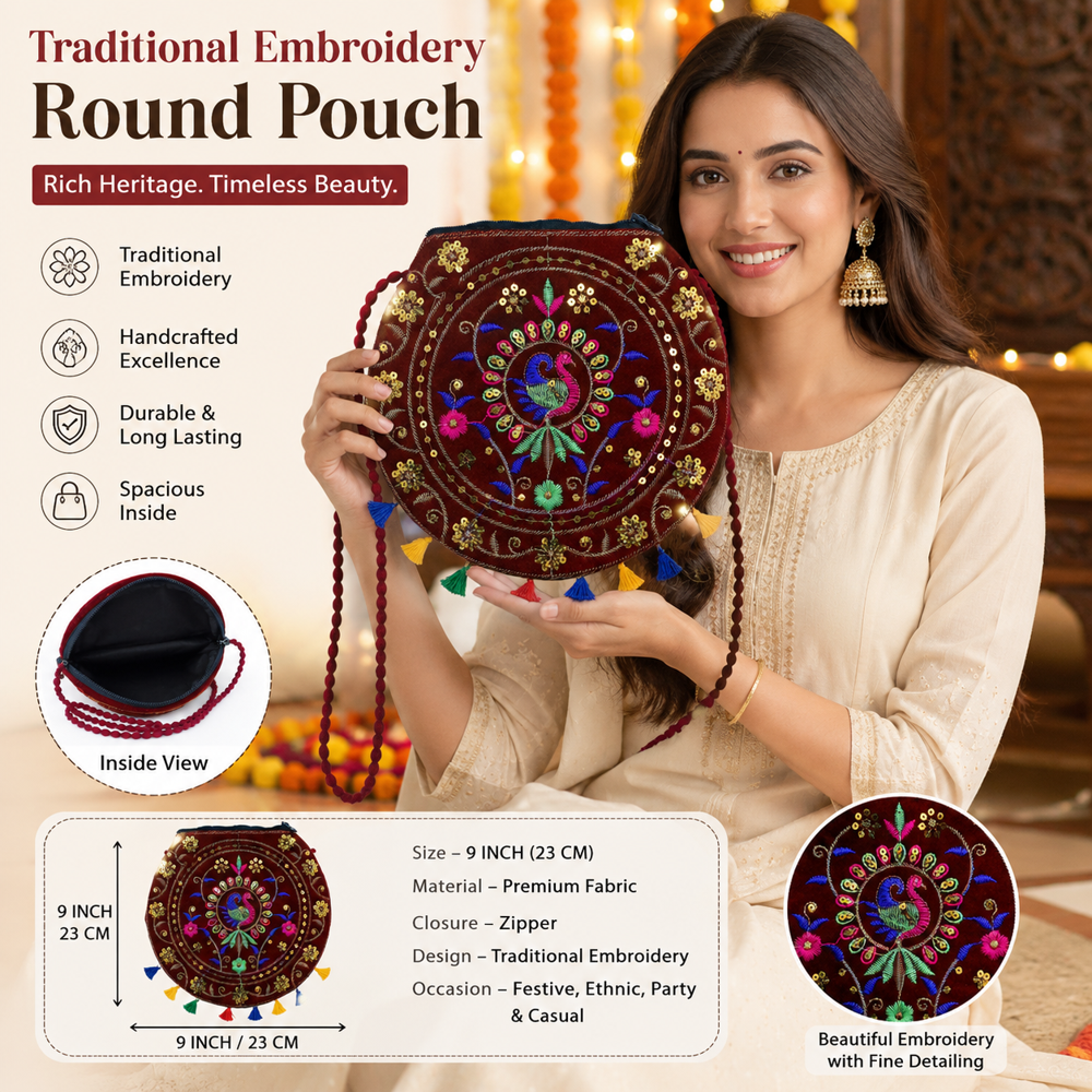 Traditional Peacock Sling Purse For Ladies - Color: Maroon