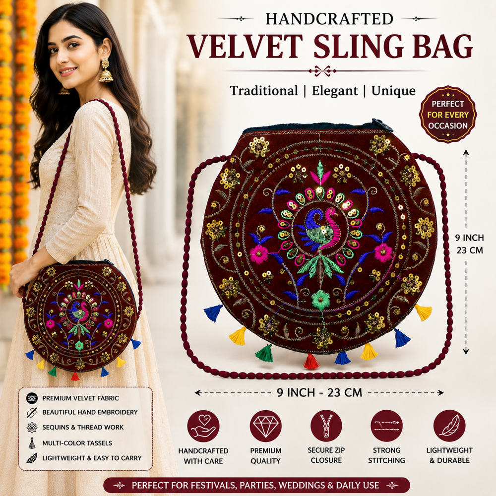 Women Round Sling Bag With Peacock Design - Color: Maroon