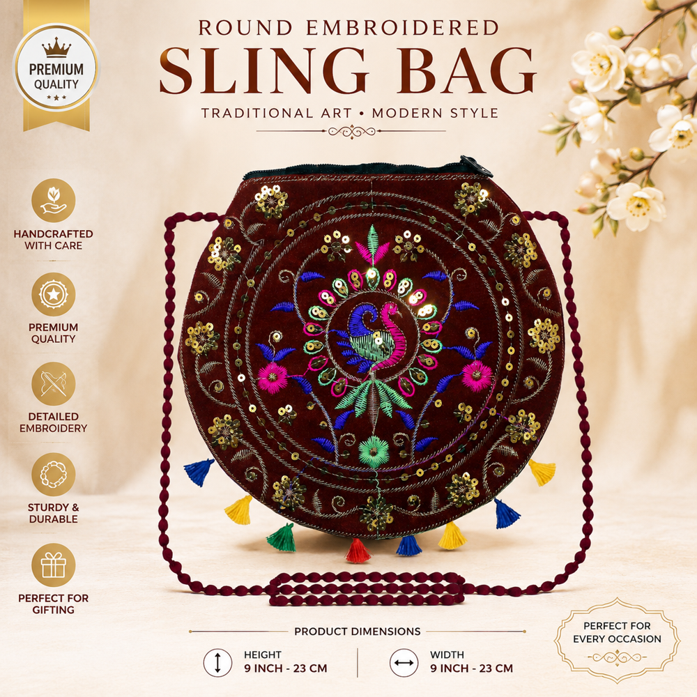 Women Round Sling Bag with Peacock Design