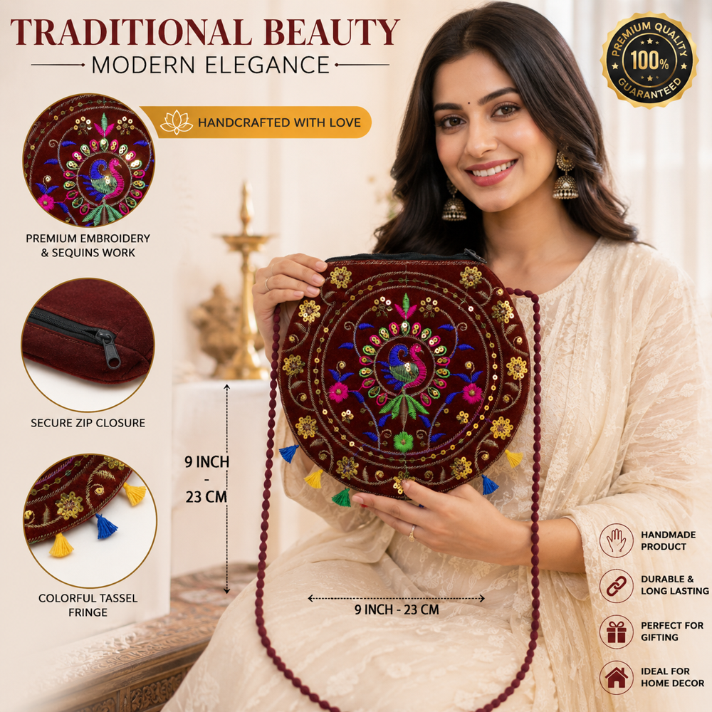 Designer Sling Bag With Colorful Tassels - Color: Maroon
