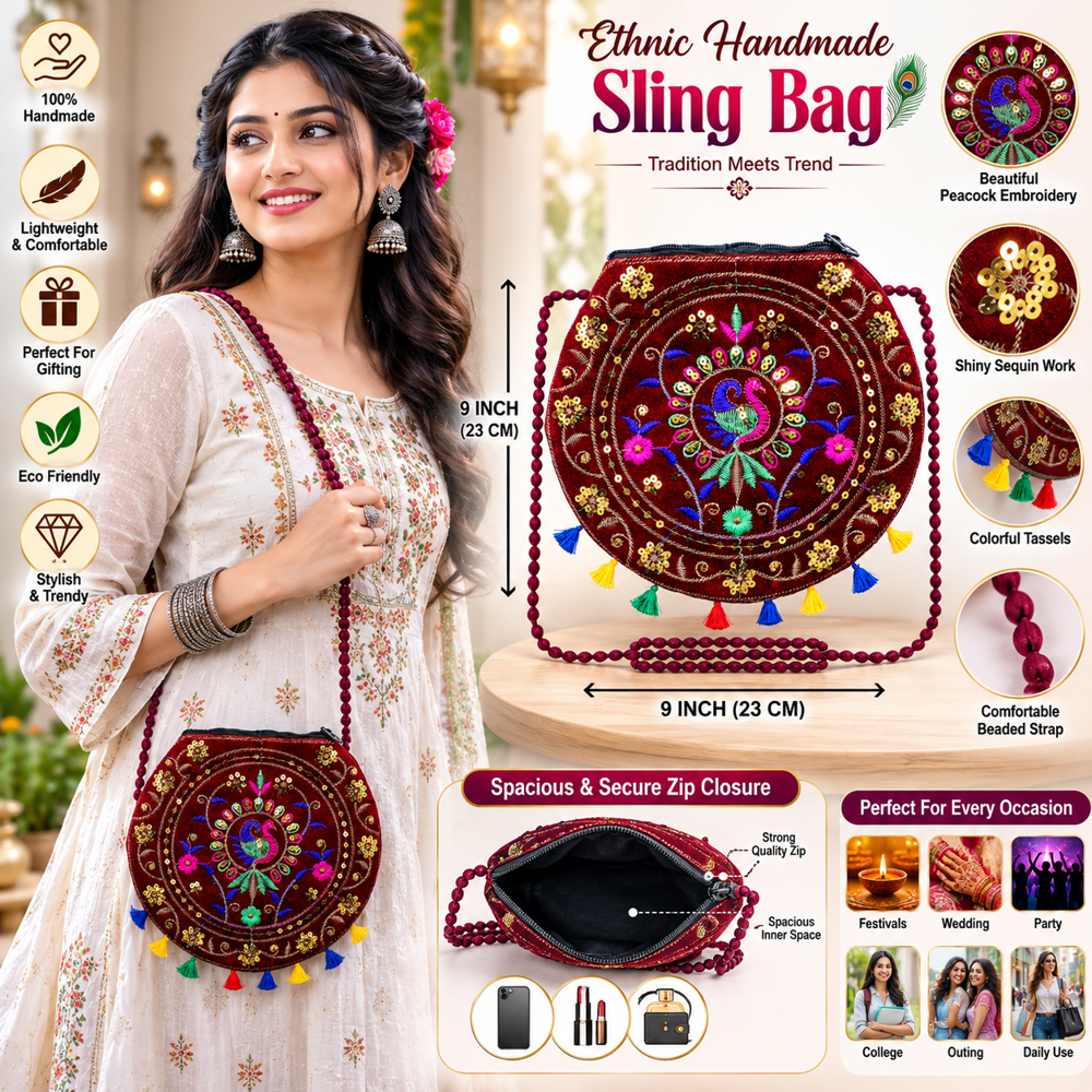 Ethnic Round Shoulder Purse For Women - Color: Maroon