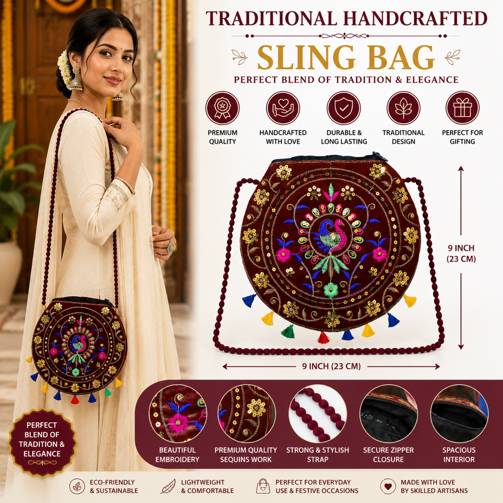 Handcrafted Embroidery Sling Bag For Girls - Color: Maroon