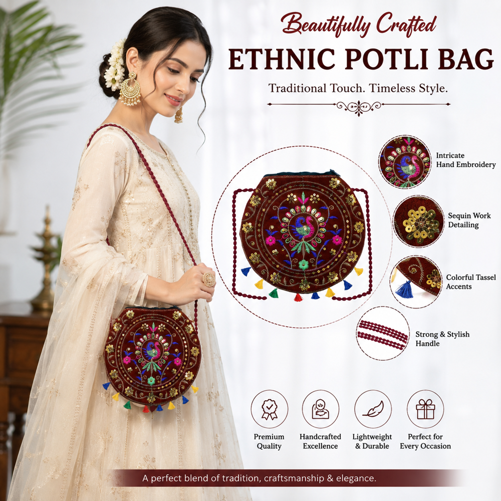 Round Maroon Crossbody Sling Bag - Design: Traditional