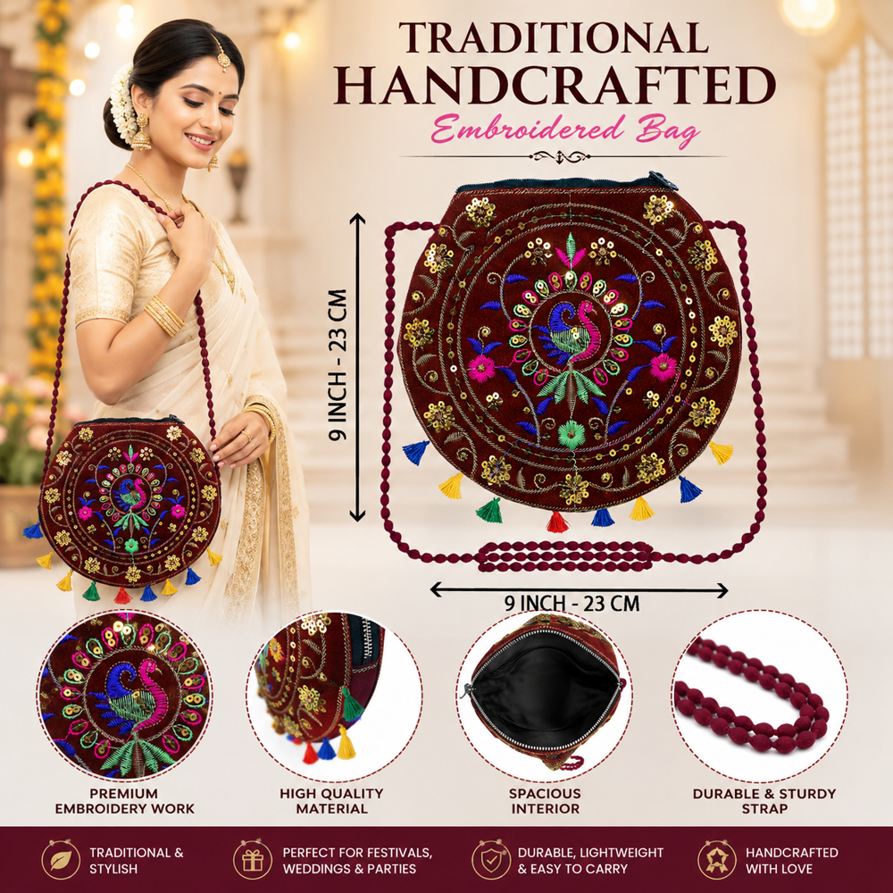 Designer Ethnic Sling Purse For Women - Color: Maroon
