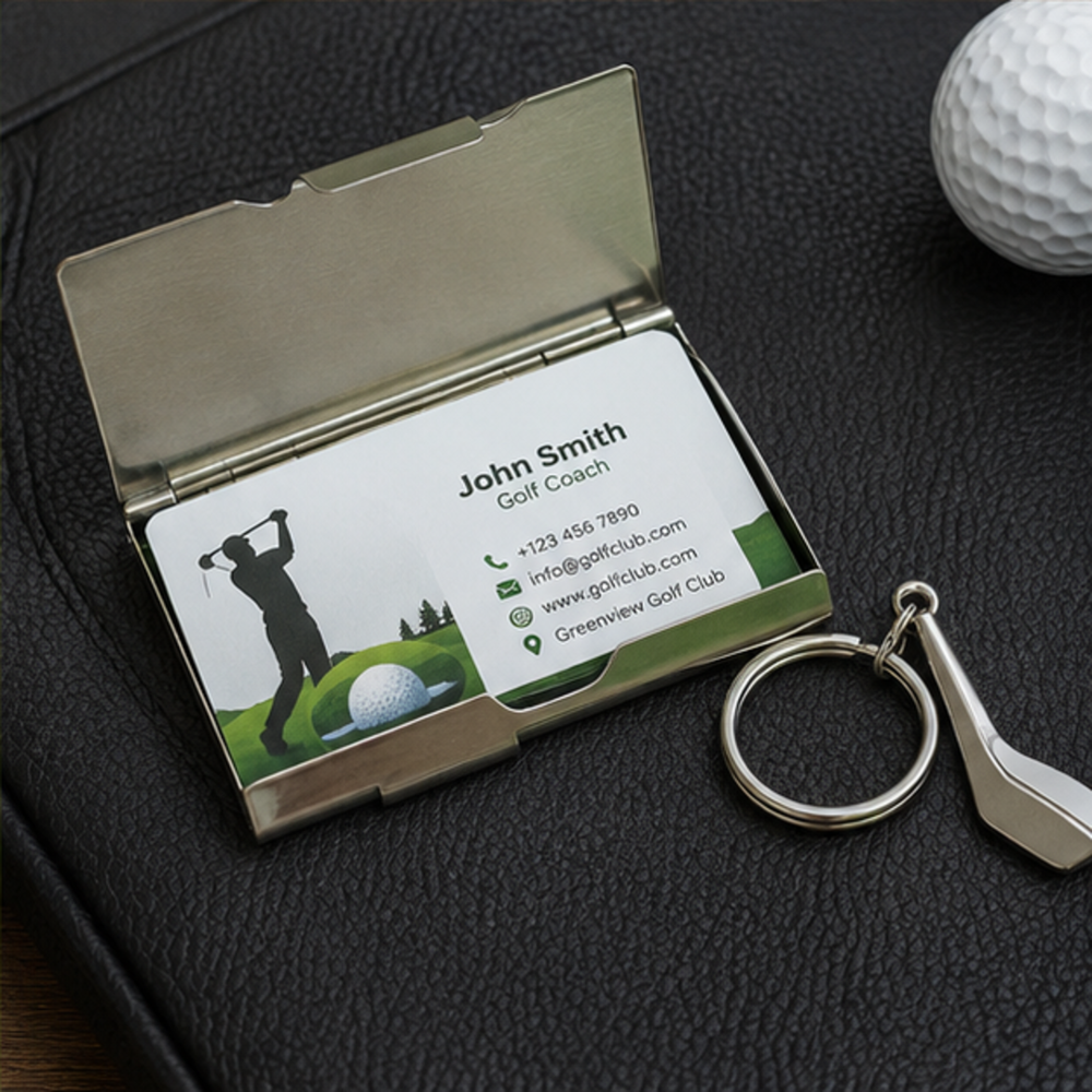 Premium Golf Ball Name Card Holder with Golf Divot Tool Keychain Gift Set