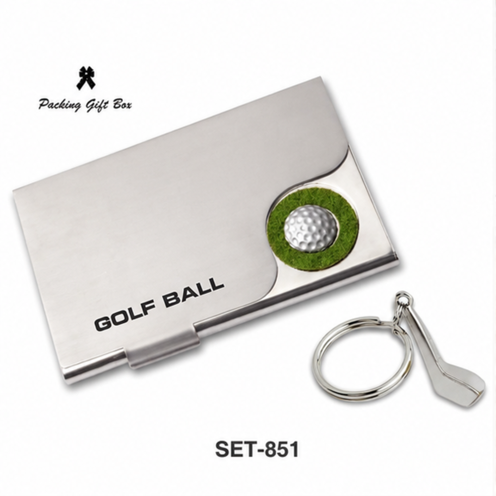 Premium Golf Ball Name Card Holder with Golf Divot Tool Keychain Gift Set
