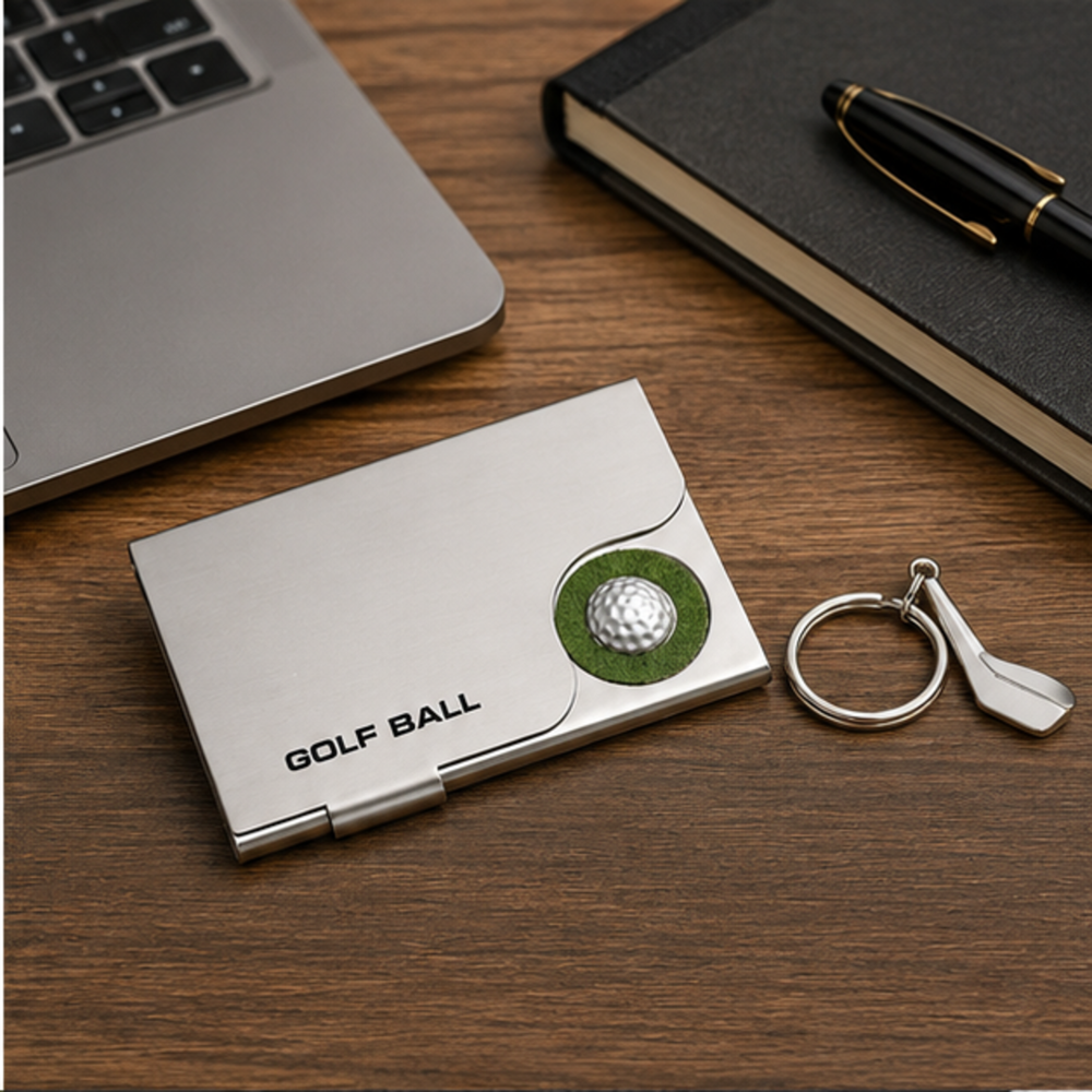 Premium Golf Ball Name Card Holder with Golf Divot Tool Keychain Gift Set