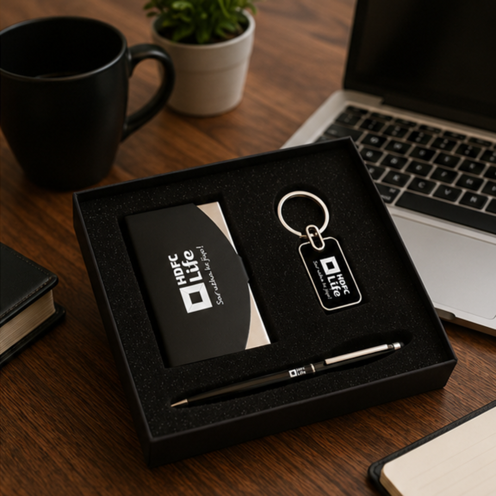 Business Card Holder, Metal Keychain and Pen Gift Set