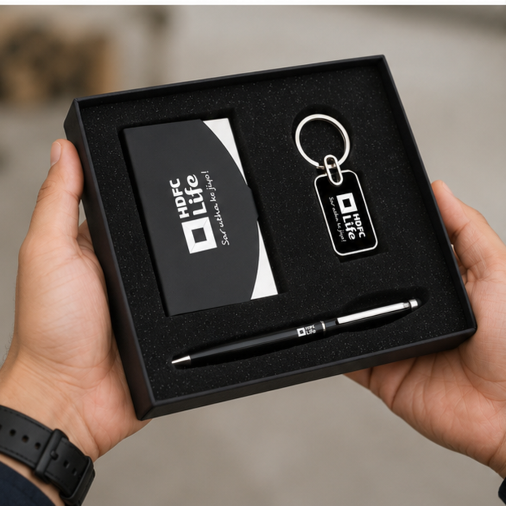 Business Card Holder, Metal Keychain and Pen Gift Set