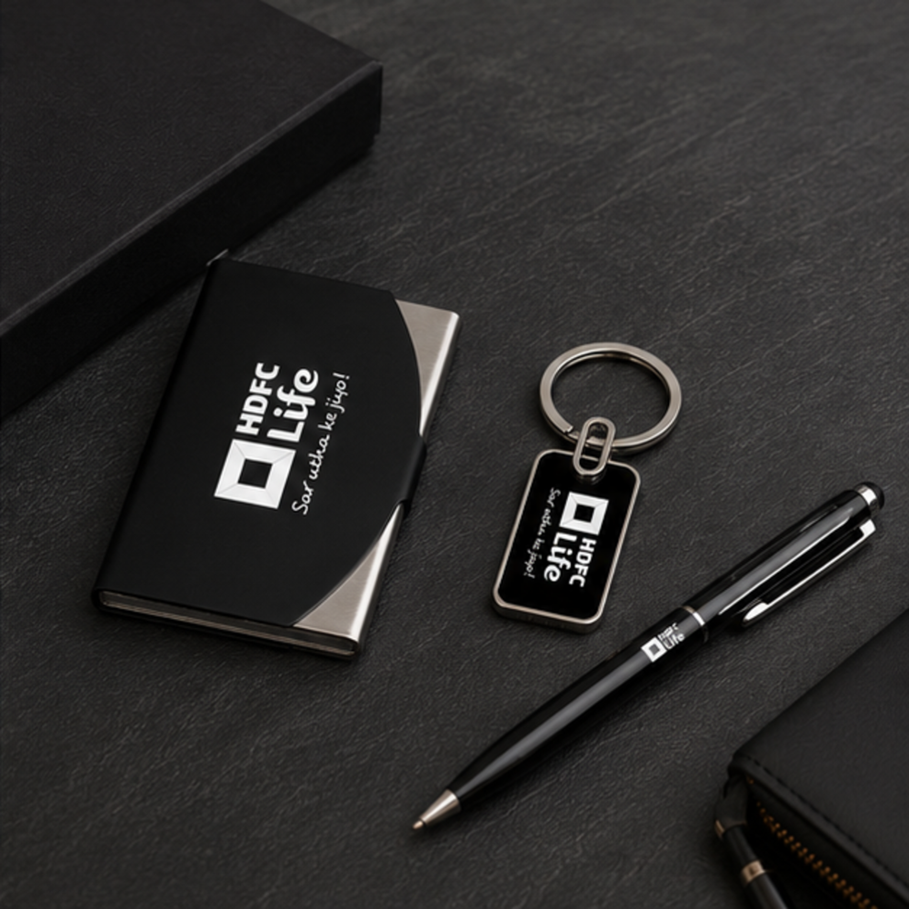 Business Card Holder, Metal Keychain and Pen Gift Set