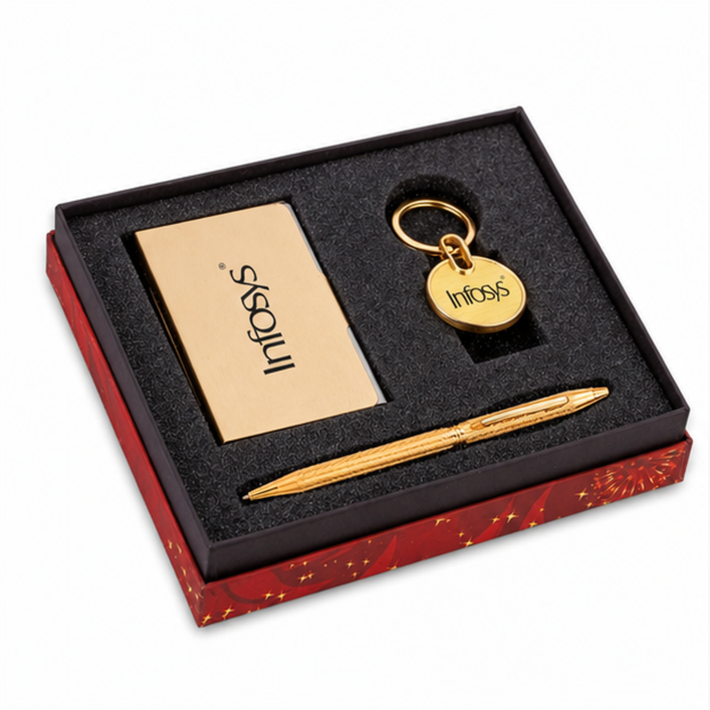 Metal Business Card Holder, Round Keychain And Pen Gift Set - Color: Customize
