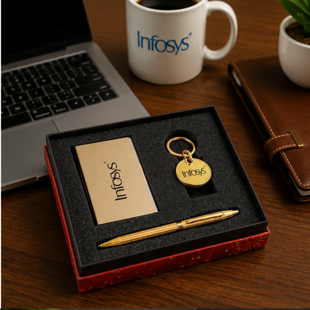 Metal Business Card Holder, Round Keychain and Pen Gift Set