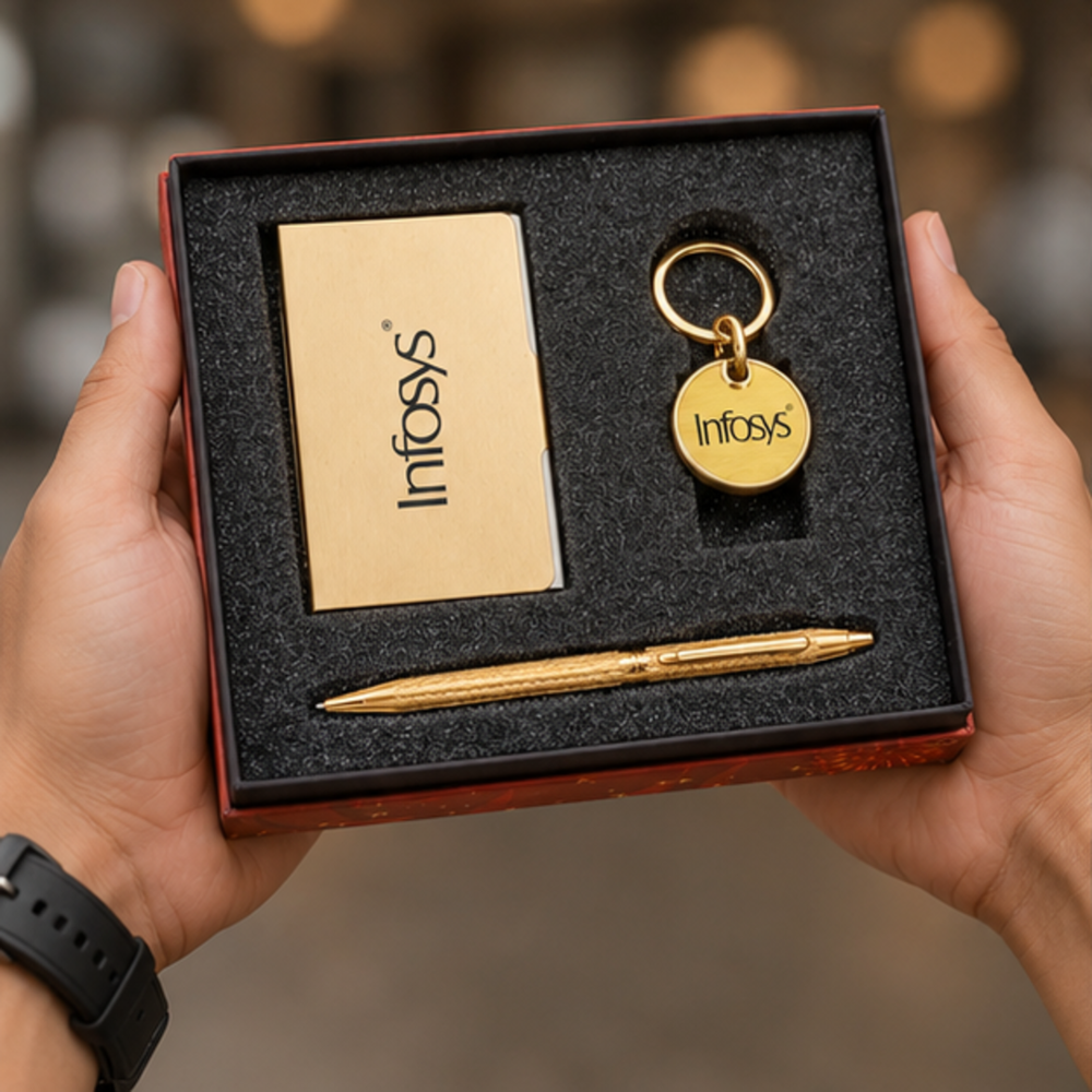 Metal Business Card Holder, Round Keychain and Pen Gift Set