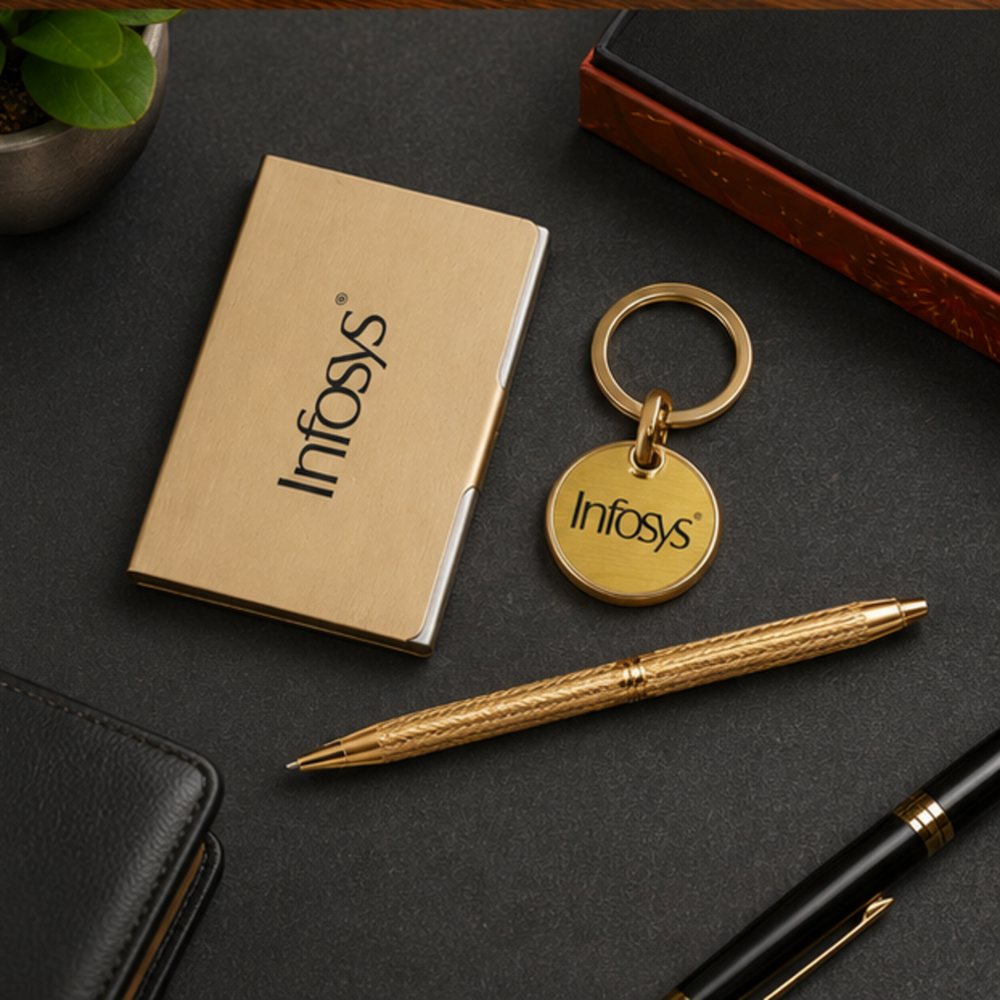 Metal Business Card Holder, Round Keychain and Pen Gift Set