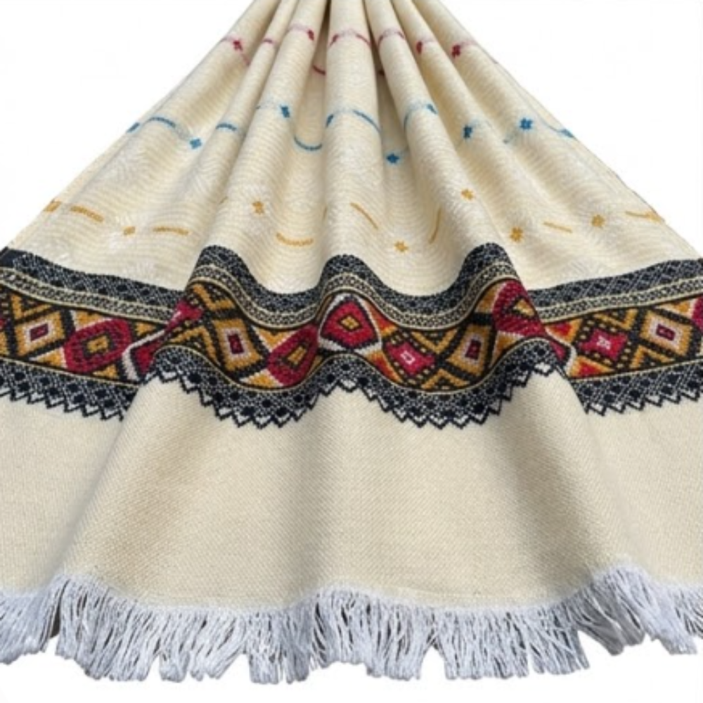 Raising Shawl - Color: Cream With Multicolor Ethnic Borders And Patterns