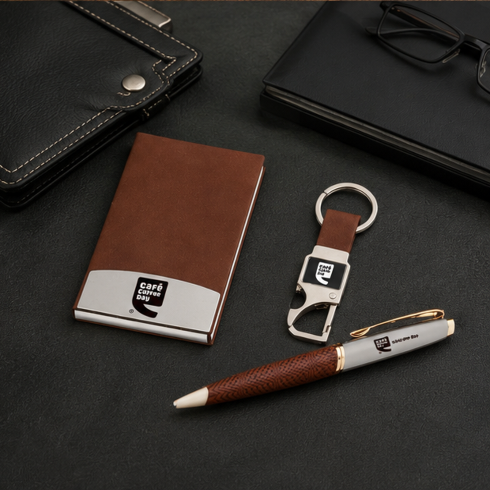 Premium Business Card Holder, Bottle Opener Keychain and Pen Gift Set