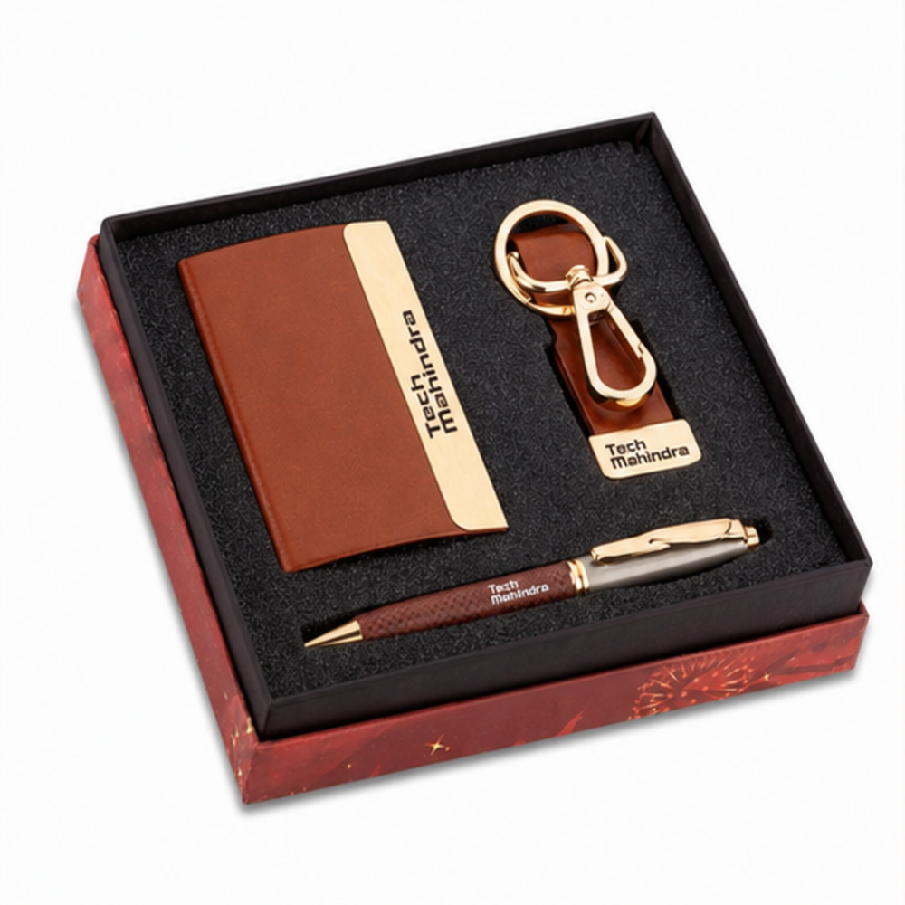 Executive Leather Card Holder, Carabiner Keychain and Pen Gift Set
