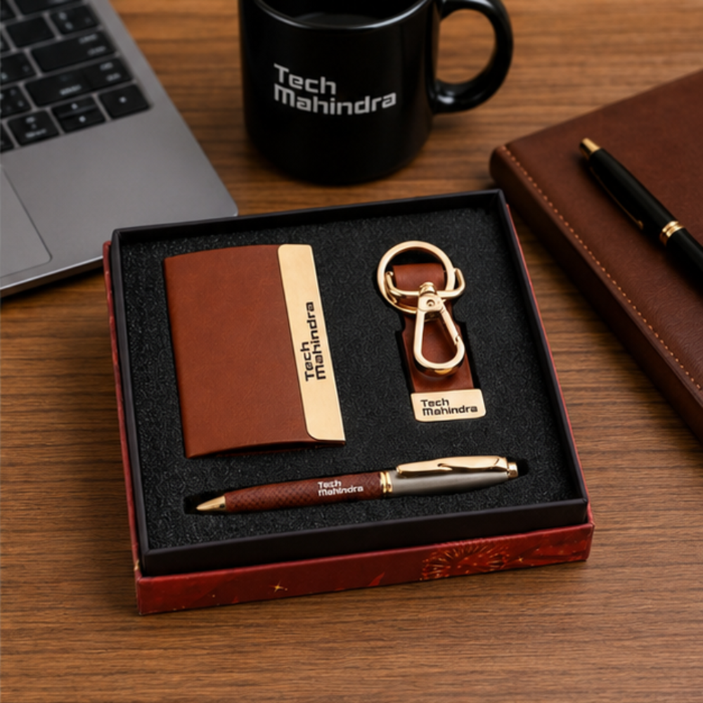 Executive Leather Card Holder, Carabiner Keychain and Pen Gift Set