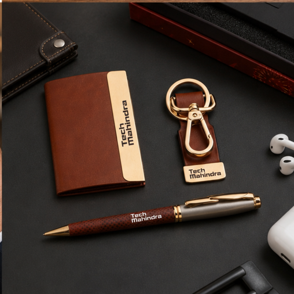 Executive Leather Card Holder, Carabiner Keychain and Pen Gift Set