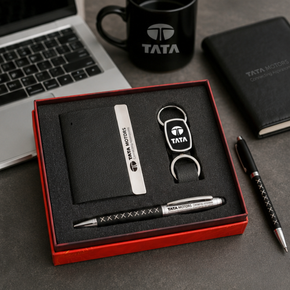 Premium Leather Card Holder, Metal Keychain and Pen Gift Set