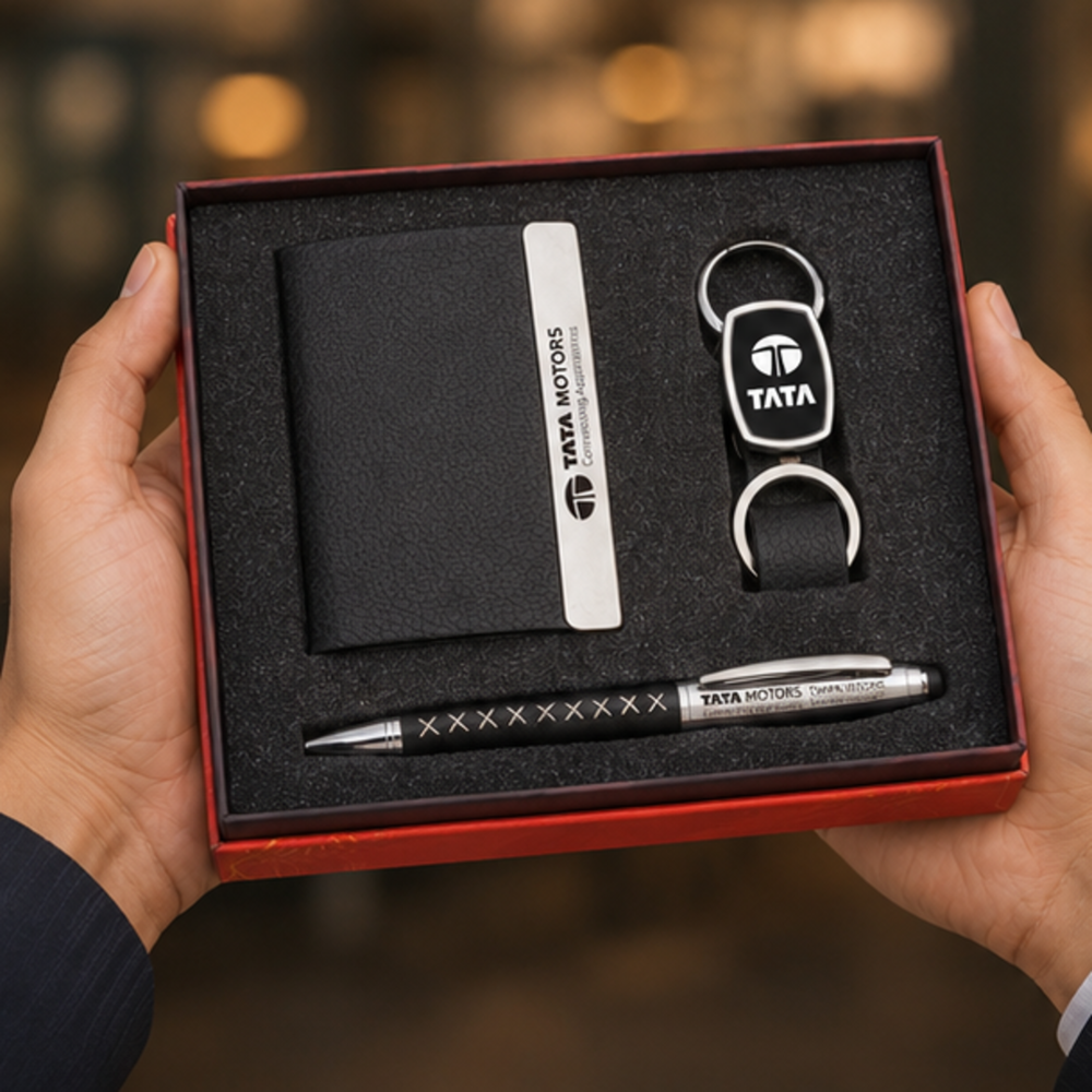 Premium Leather Card Holder, Metal Keychain and Pen Gift Set