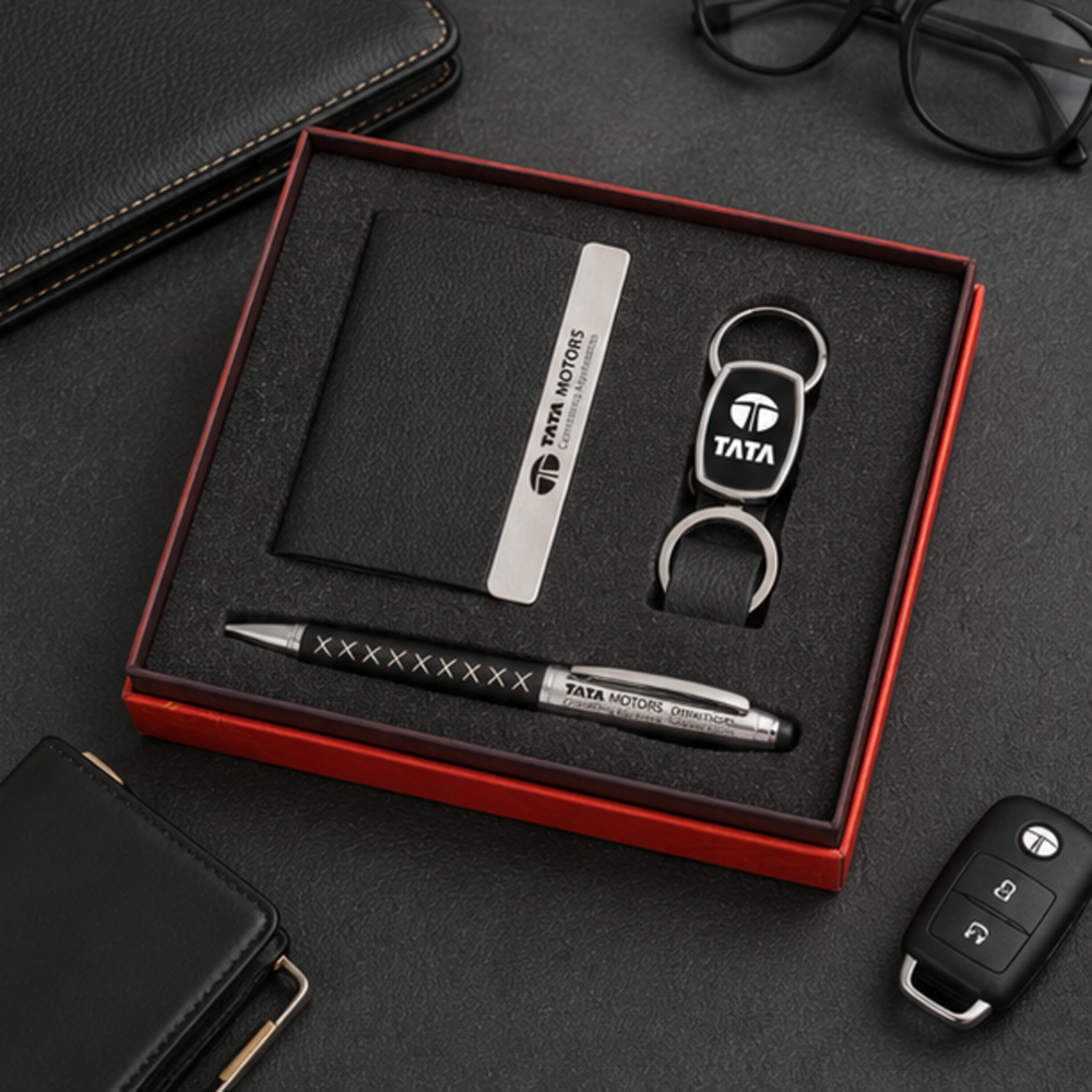 Premium Leather Card Holder, Metal Keychain and Pen Gift Set