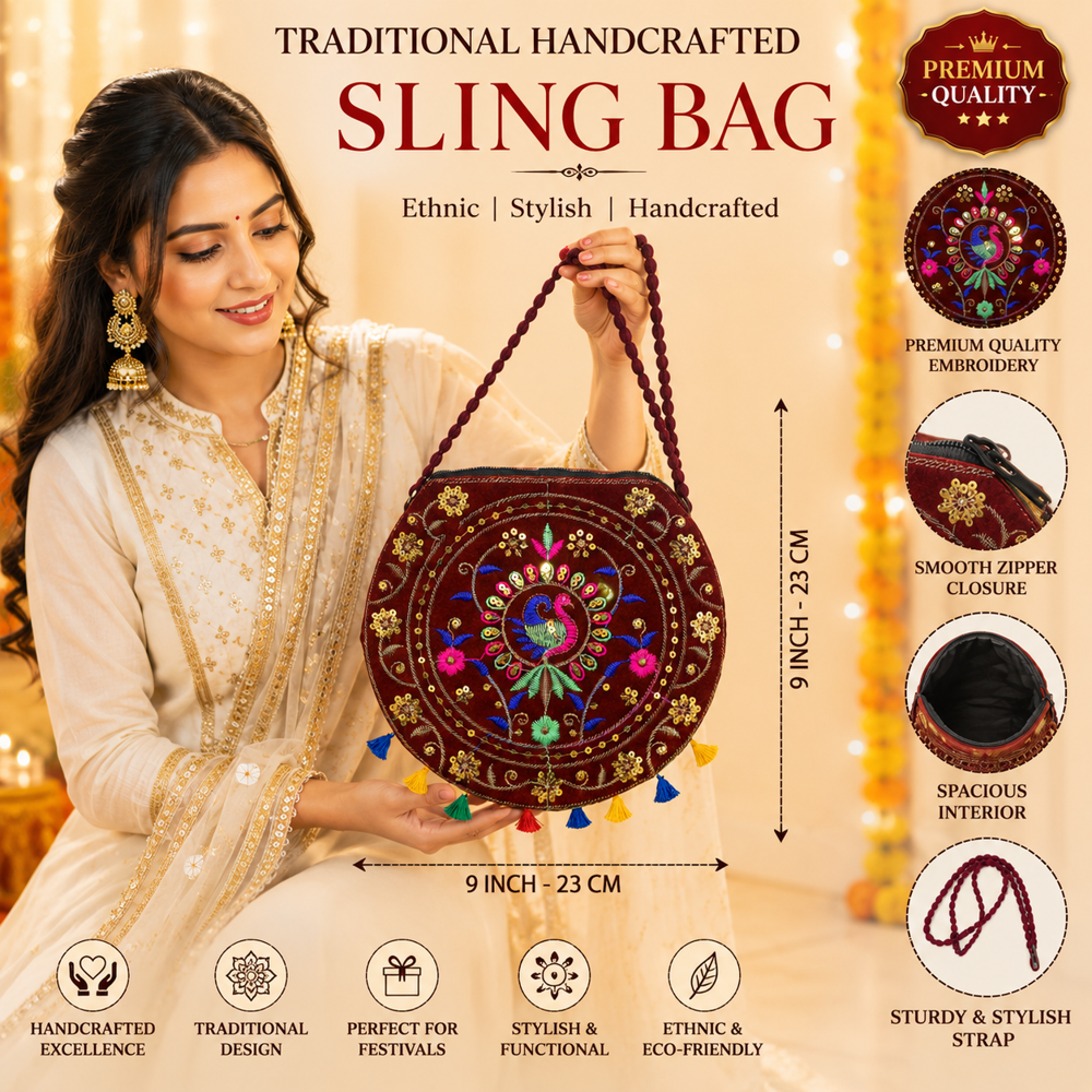 Ethnic Peacock Crossbody Purse For Girls - Color: Maroon