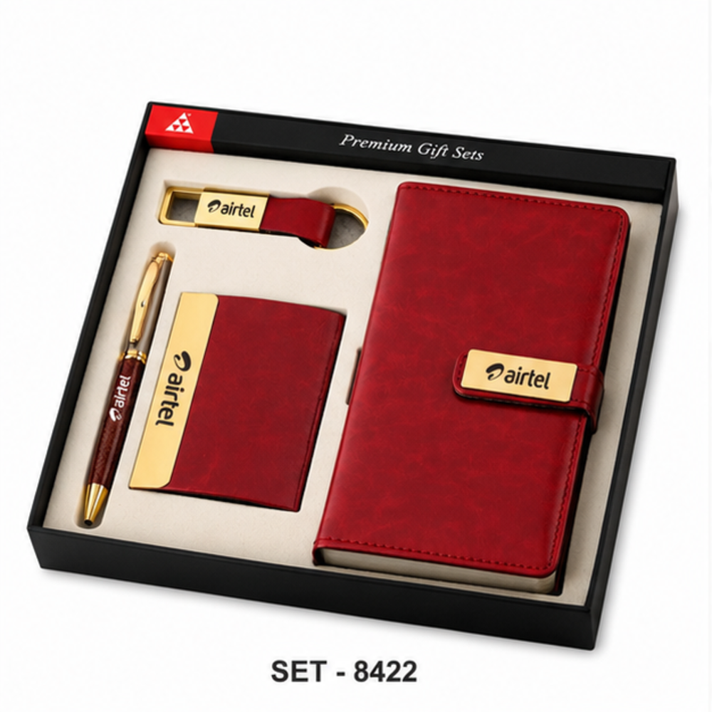 Premium Executive Leather Notebook, Visiting Card Holder, Pen & Metal Keychain Corporate Gift Set - Color: Customize