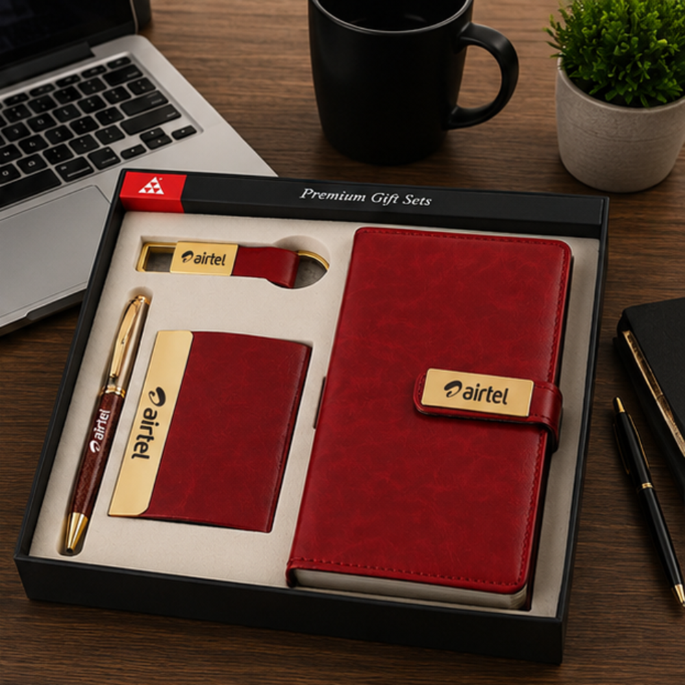 Premium Executive Leather Notebook, Visiting Card Holder, Pen & Metal Keychain Corporate Gift Set