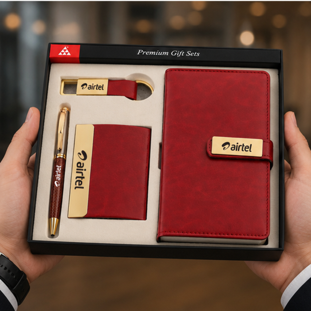 Premium Executive Leather Notebook, Visiting Card Holder, Pen & Metal Keychain Corporate Gift Set