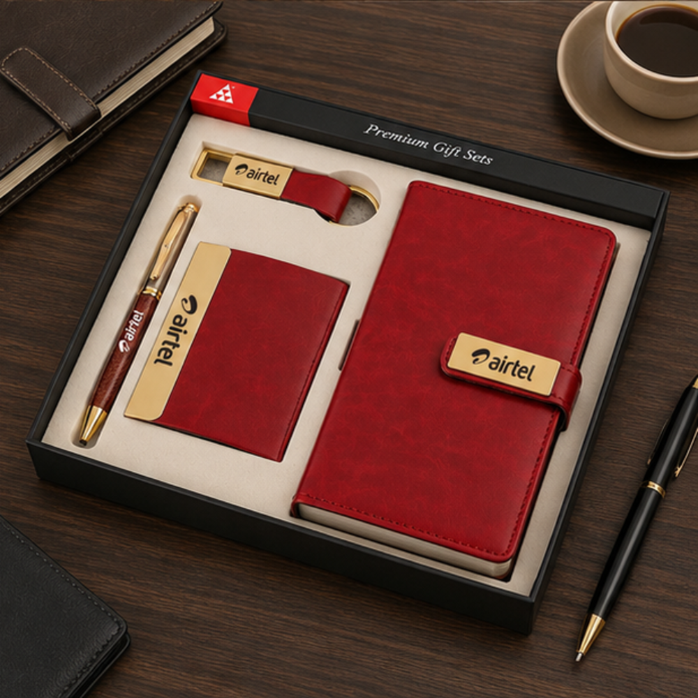 Premium Executive Leather Notebook, Visiting Card Holder, Pen & Metal Keychain Corporate Gift Set