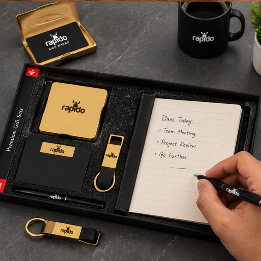Executive Leather Conference Folder, Visiting Card Holder, Pen and Metal Keychain Corporate Gift Set