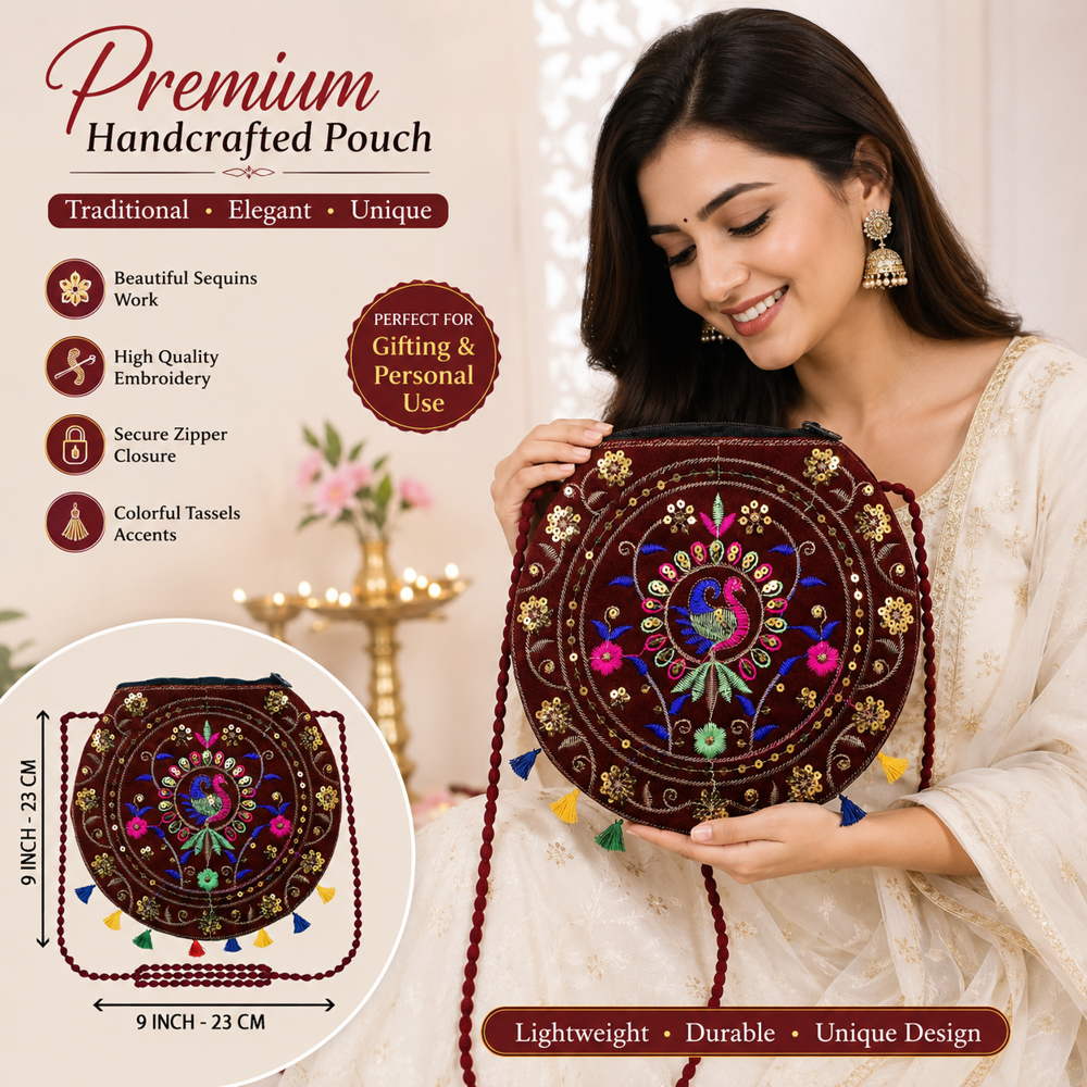 Handcrafted Maroon Sling Bag For Ladies - Design: Traditional