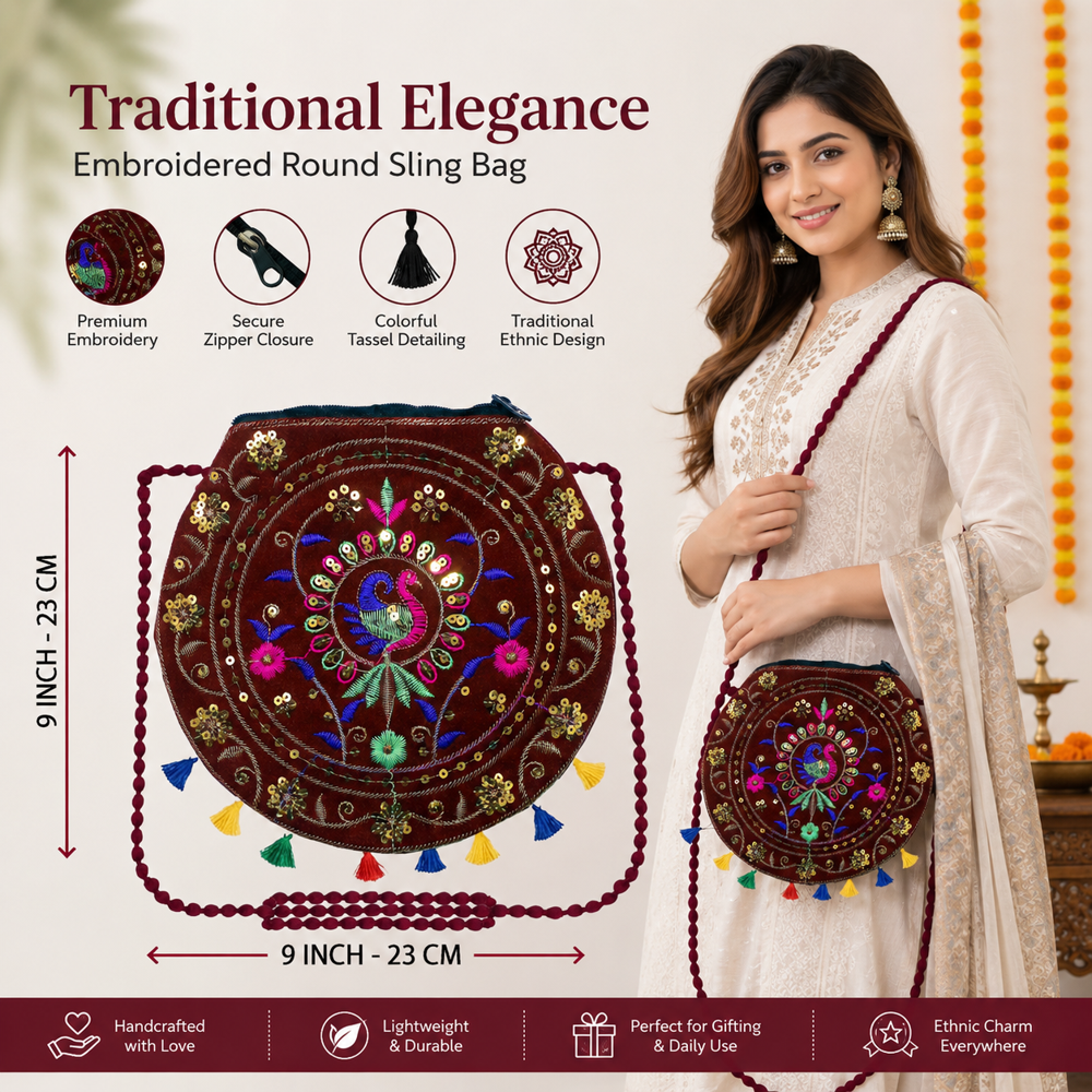 Round Ethnic Crossbody Bag For Women - Color: Maroon