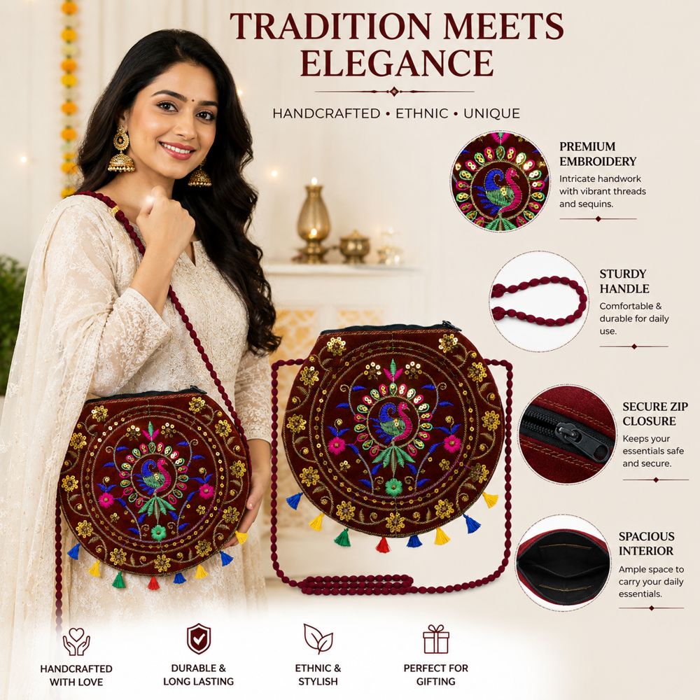Traditional Embroidered Purse For Women - Color: Maroon