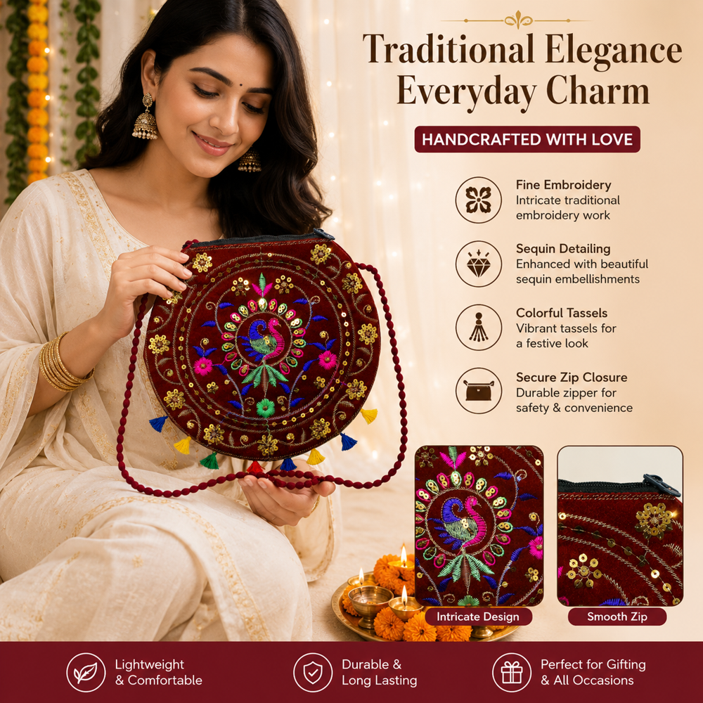 Stylish Peacock Sling Bag For Girls - Color: Maroon