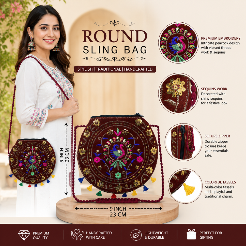Embroidery Tassel Sling Bag For Ladies - Color: Maroon