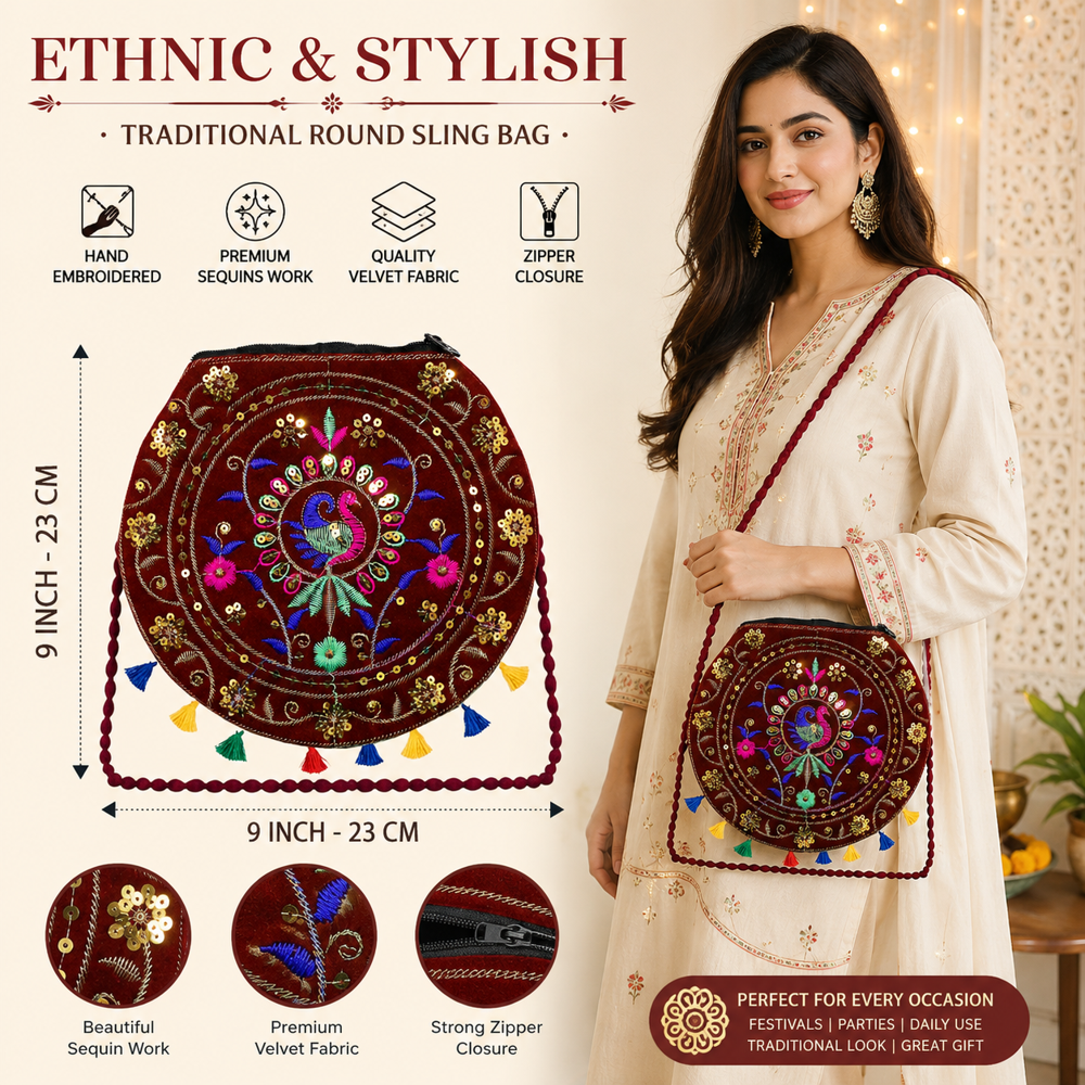 Ethnic Maroon Shoulder Sling Bag - Design: Traditional