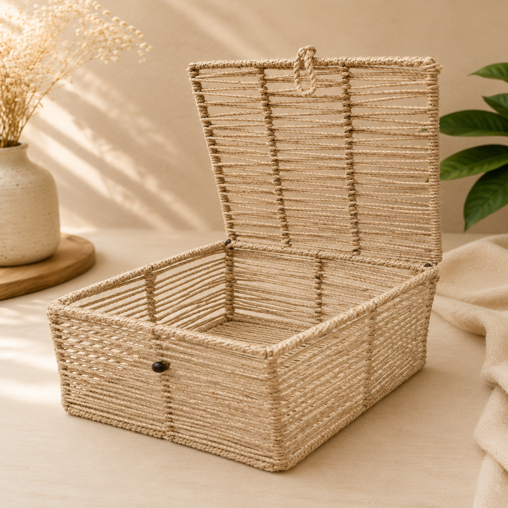 Storage Box - Medium Wicker/rattan 14x14x10 Inches, Natural Beige, Stackable With Hinged Lid