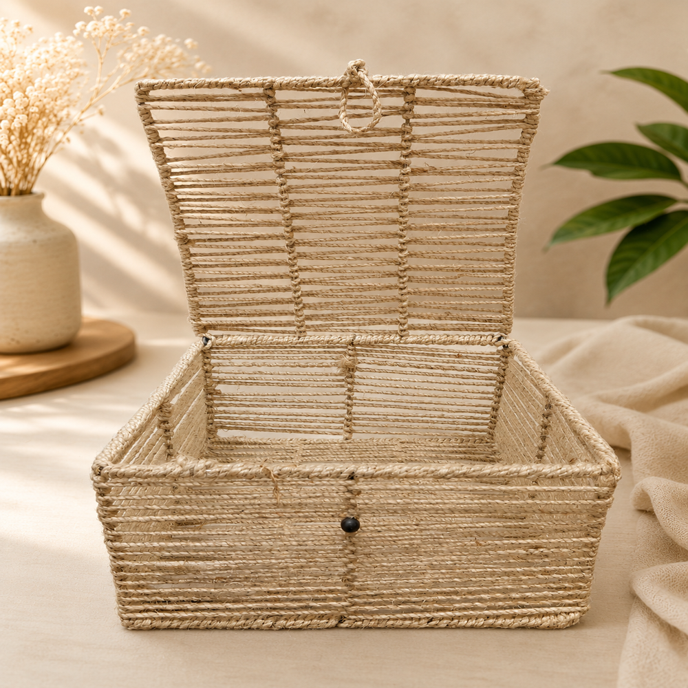 Storage Box - Medium Wicker/rattan 14x14x10 Inches, Natural Beige, Stackable With Hinged Lid