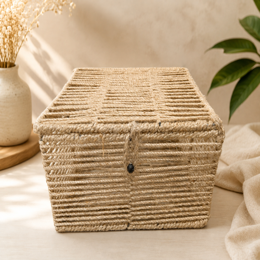 Storage Box - Medium Wicker/rattan 14x14x10 Inches, Natural Beige, Stackable With Hinged Lid