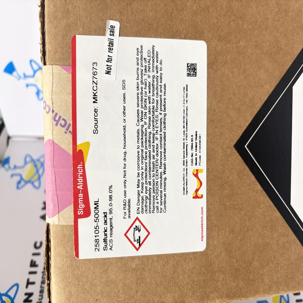 Sulfuric Acid ACS Reagent 95-98% 500ml Sigma-Aldrich