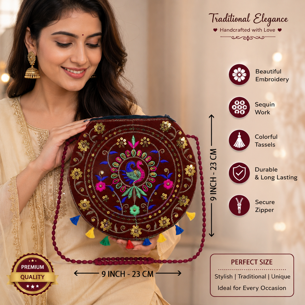 Peacock Work Round Sling Purse for Women